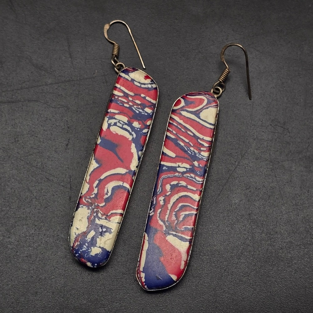 Sterling Silver Red White Blue Clay Earrings Long Statement 925